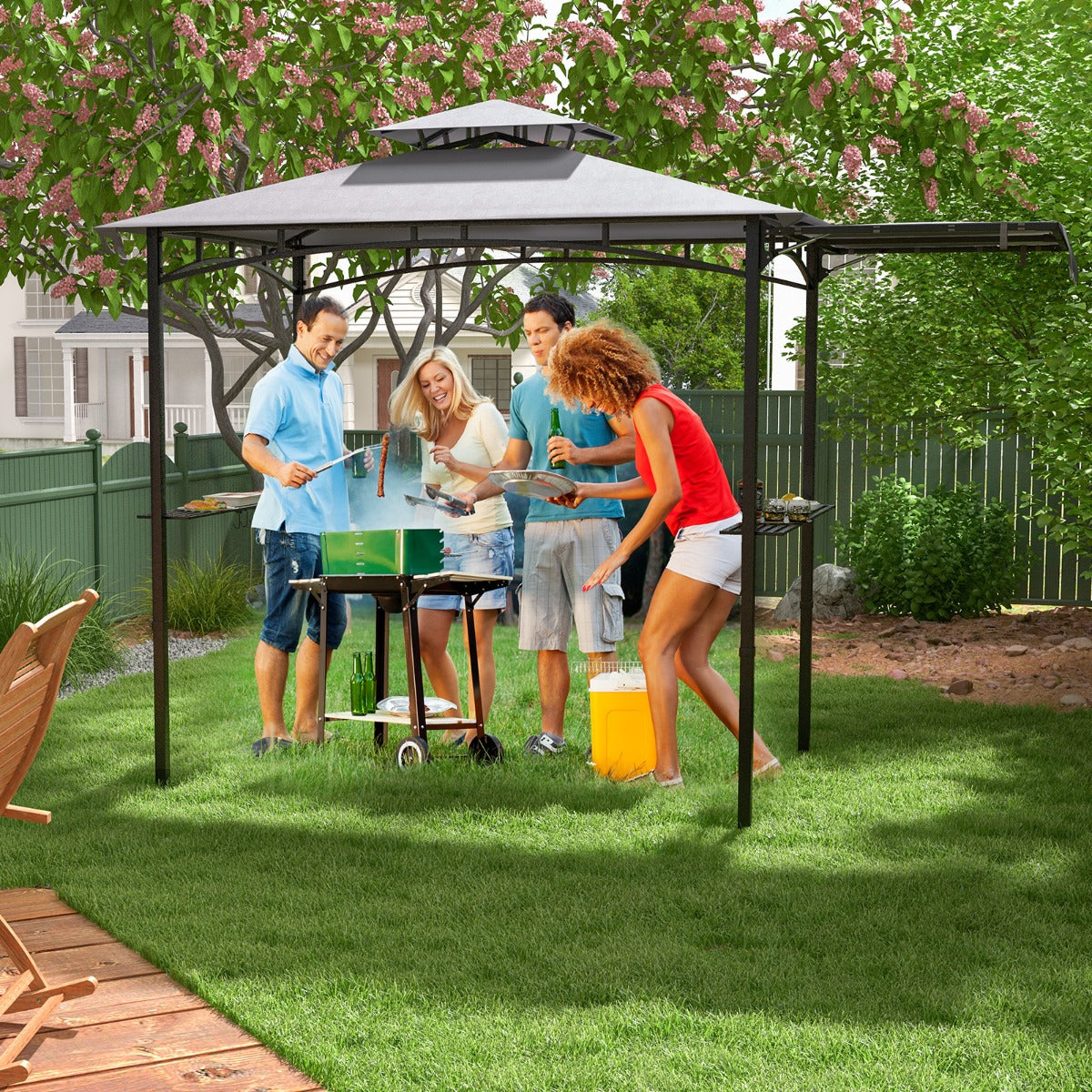Grill Gazebo with Side Awning Outdoor BBQ Gazebo with 2 Side Shelves-Grey