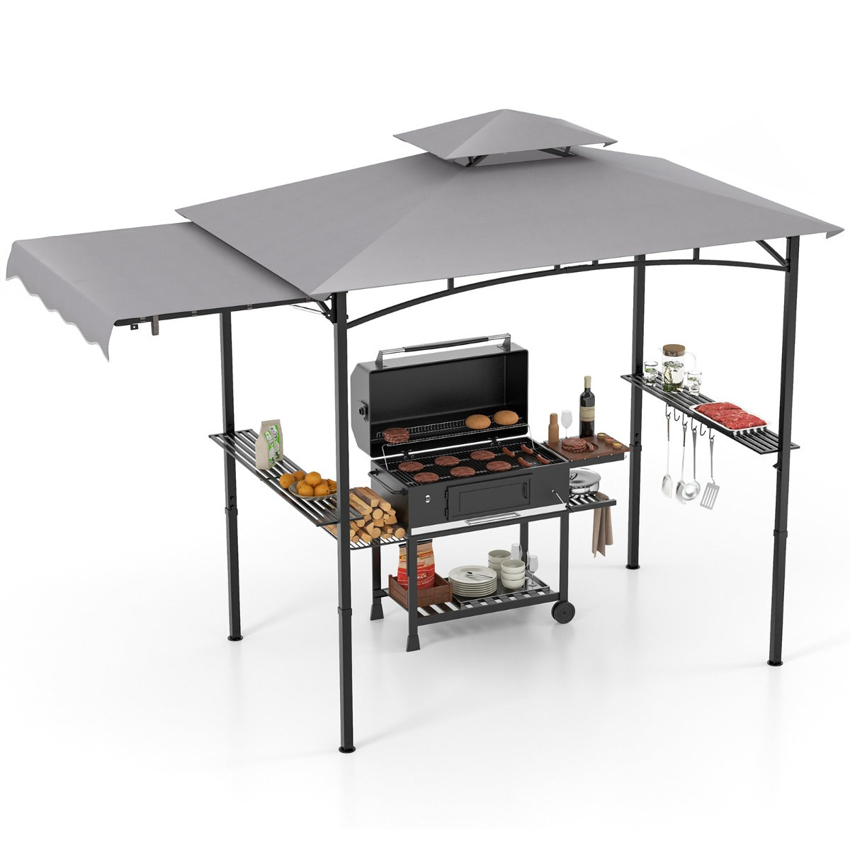 Grill Gazebo with Side Awning Outdoor BBQ Gazebo with 2 Side Shelves-Grey