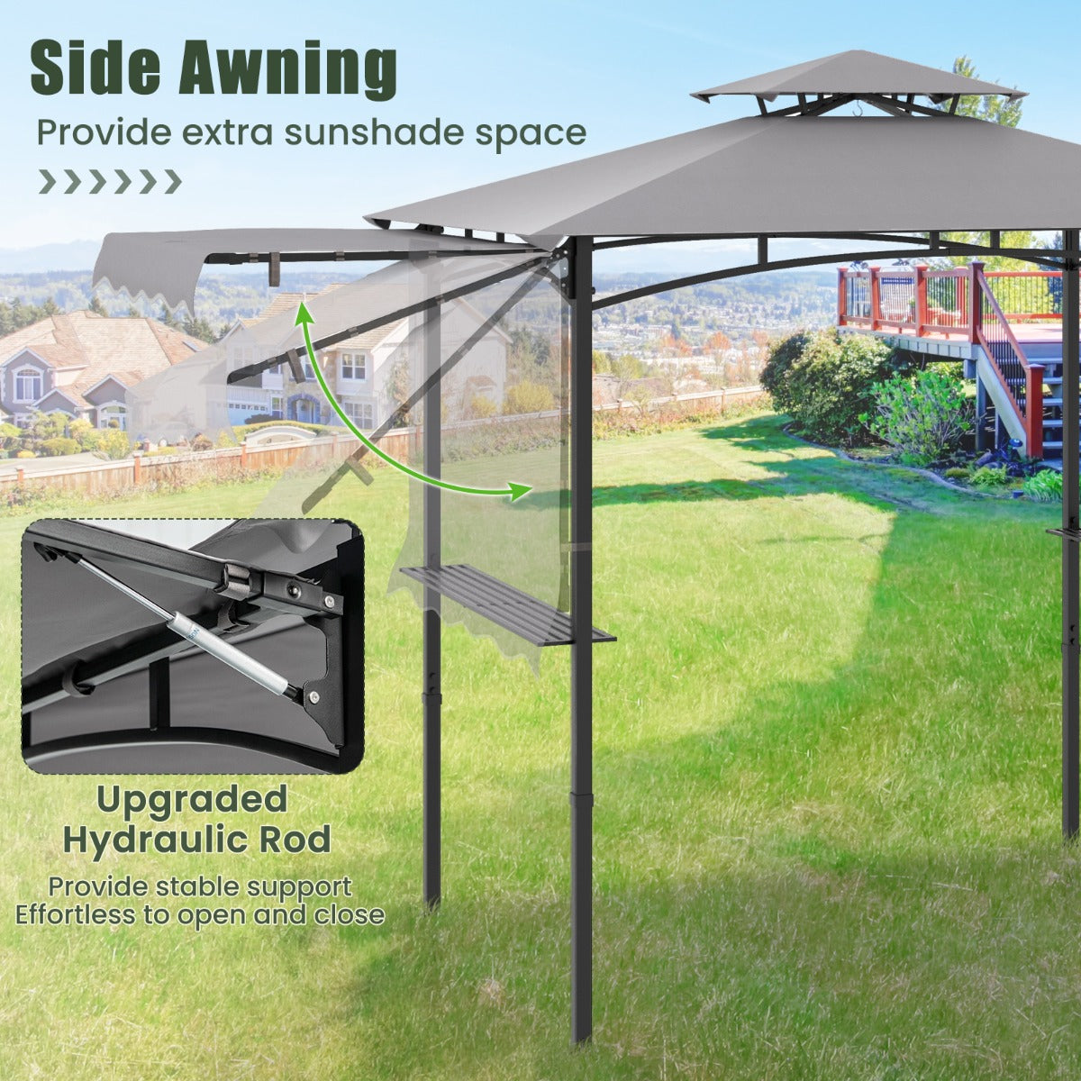 Grill Gazebo with Side Awning Outdoor BBQ Gazebo with 2 Side Shelves-Grey