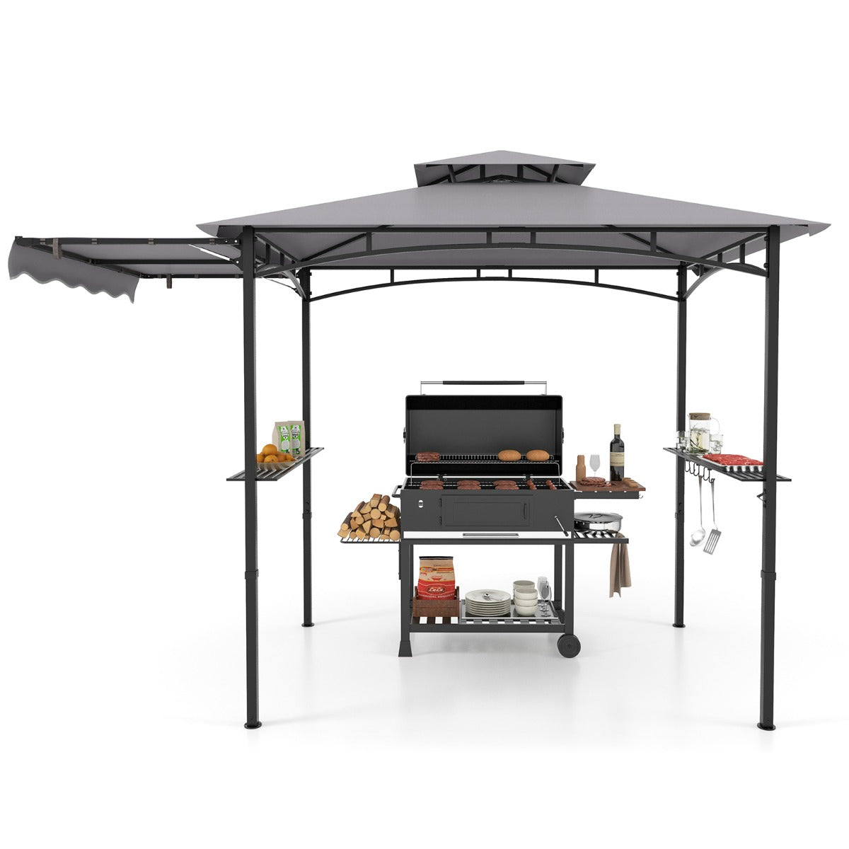 Grill Gazebo with Side Awning Outdoor BBQ Gazebo with 2 Side Shelves-Grey