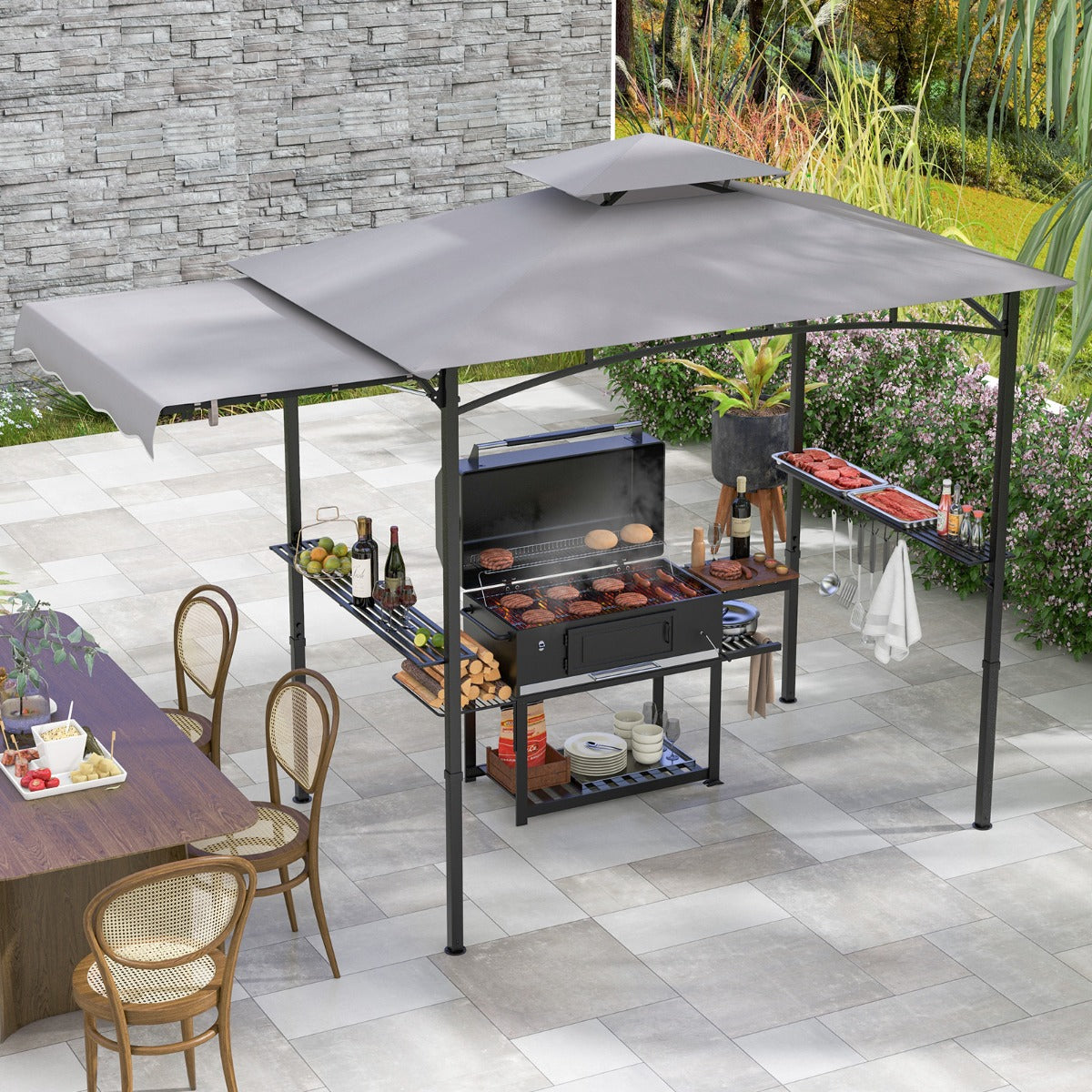 Grill Gazebo with Side Awning Outdoor BBQ Gazebo with 2 Side Shelves-Grey