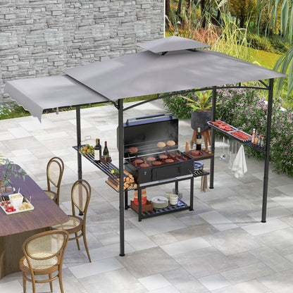 Grill Gazebo with Side Awning Outdoor BBQ Gazebo with 2 Side Shelves-Grey