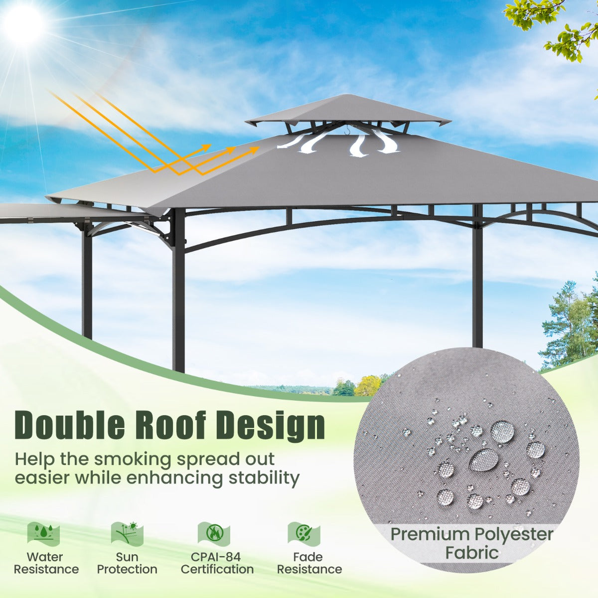 Grill Gazebo with Side Awning Outdoor BBQ Gazebo with 2 Side Shelves-Grey