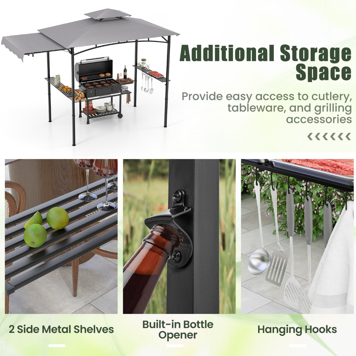 Grill Gazebo with Side Awning Outdoor BBQ Gazebo with 2 Side Shelves-Grey