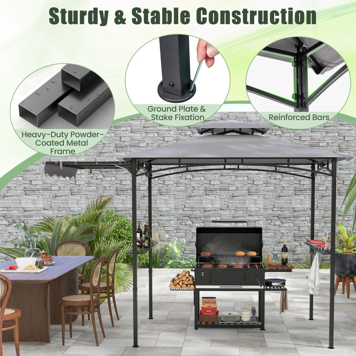 Grill Gazebo with Side Awning Outdoor BBQ Gazebo with 2 Side Shelves-Grey