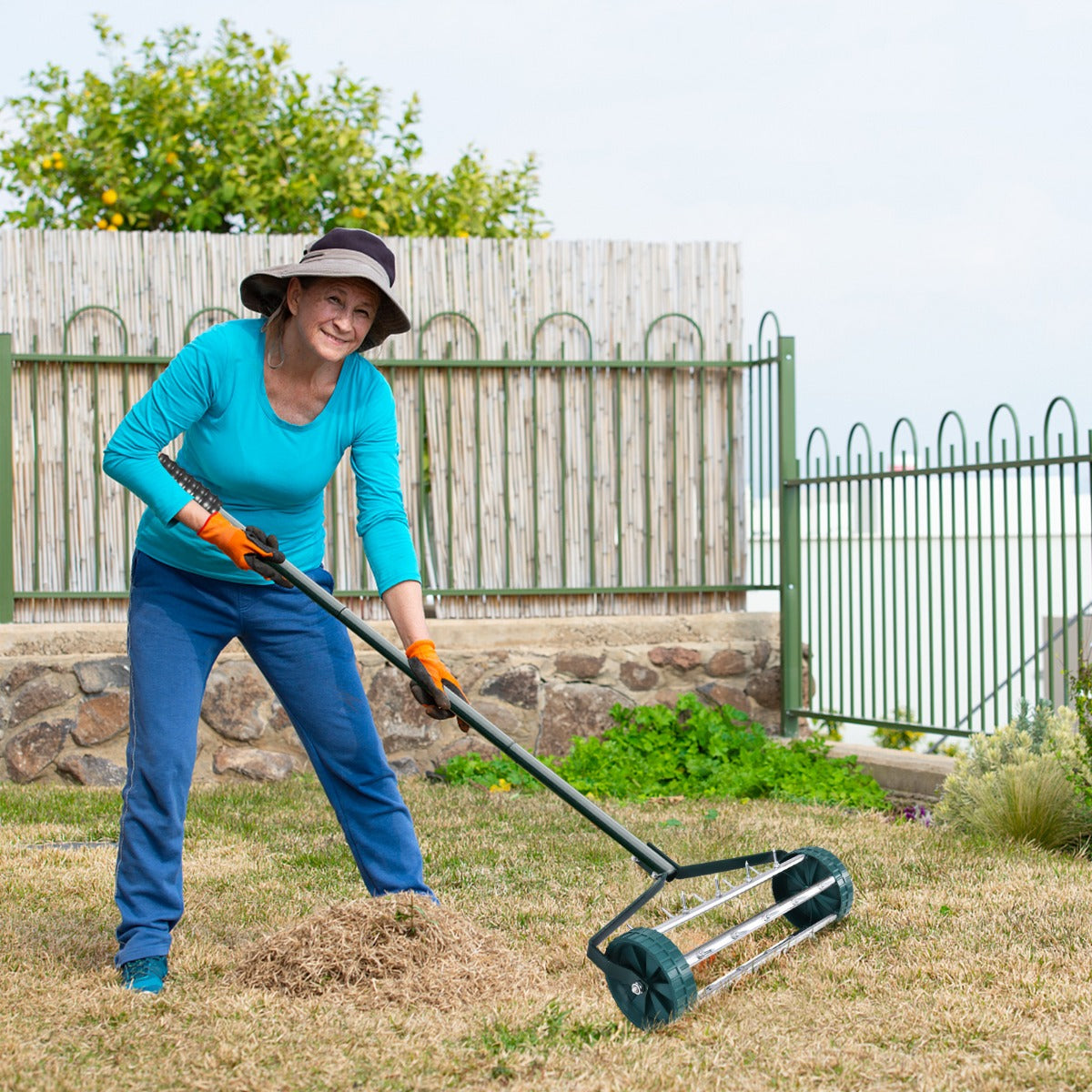 Rolling Garden Lawn Aerator Roller with 3-Piece Long Steel Handle