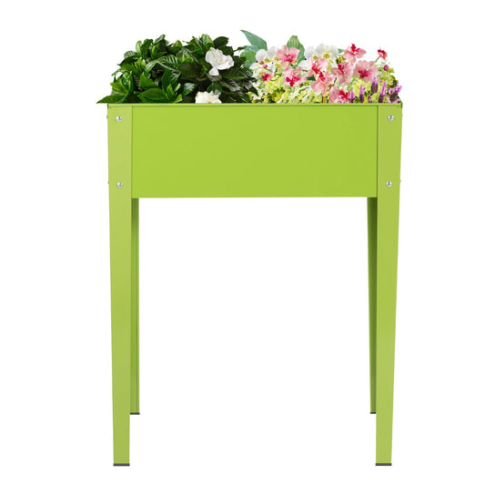 Raised planter design reduces bending while watering and tending plants in patios and backyards