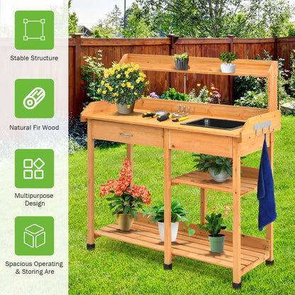 Costway Potting Table with Wood Storage Shelf for Garden-Natural