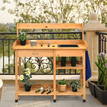 Costway Potting Table with Wood Storage Shelf for Garden-Natural