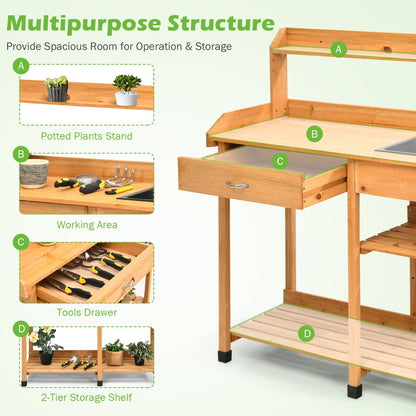 Costway Potting Table with Wood Storage Shelf for Garden-Natural