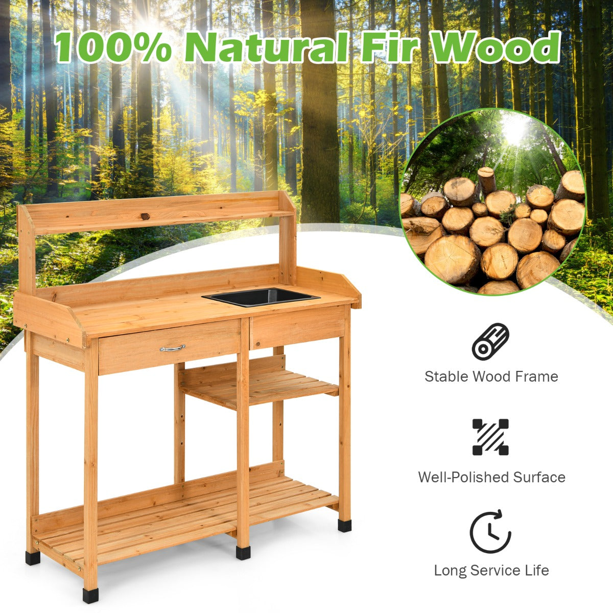 Wooden gardening workstation helps keep planting supplies organized and gardening comfortable