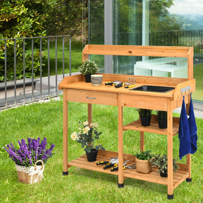 Costway Potting Table with Wood Storage Shelf for Garden-Natural
