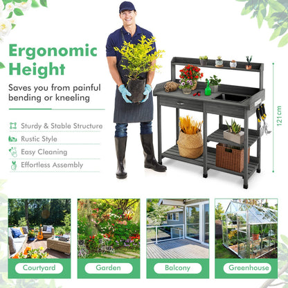 Costway Potting Table with Wood Storage Shelf for Garden-Gray