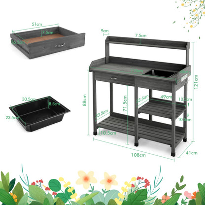 Costway Potting Table with Wood Storage Shelf for Garden-Gray