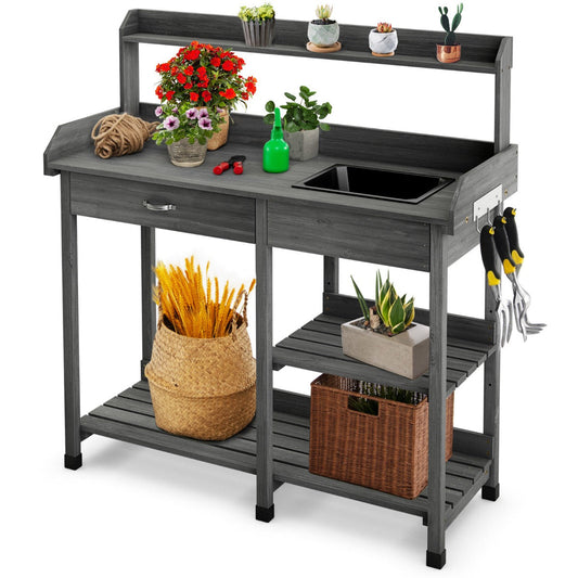 Wide tabletop and removable dry sink make gardening tasks more comfortable and organized.