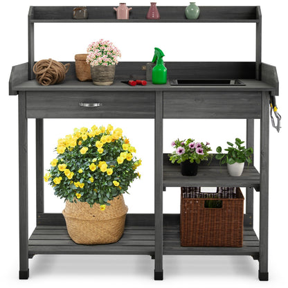 Costway Potting Table with Wood Storage Shelf for Garden-Gray