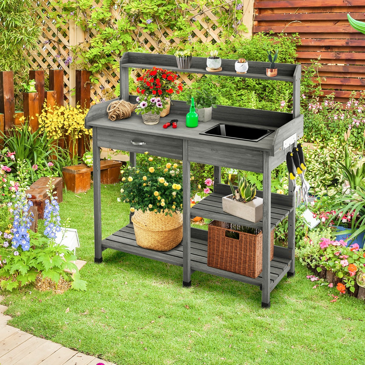 Costway Potting Table with Wood Storage Shelf for Garden-Gray