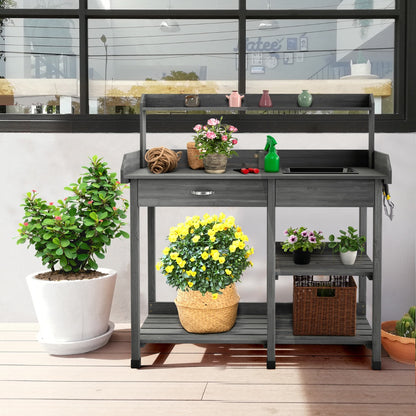 Costway Potting Table with Wood Storage Shelf for Garden-Gray