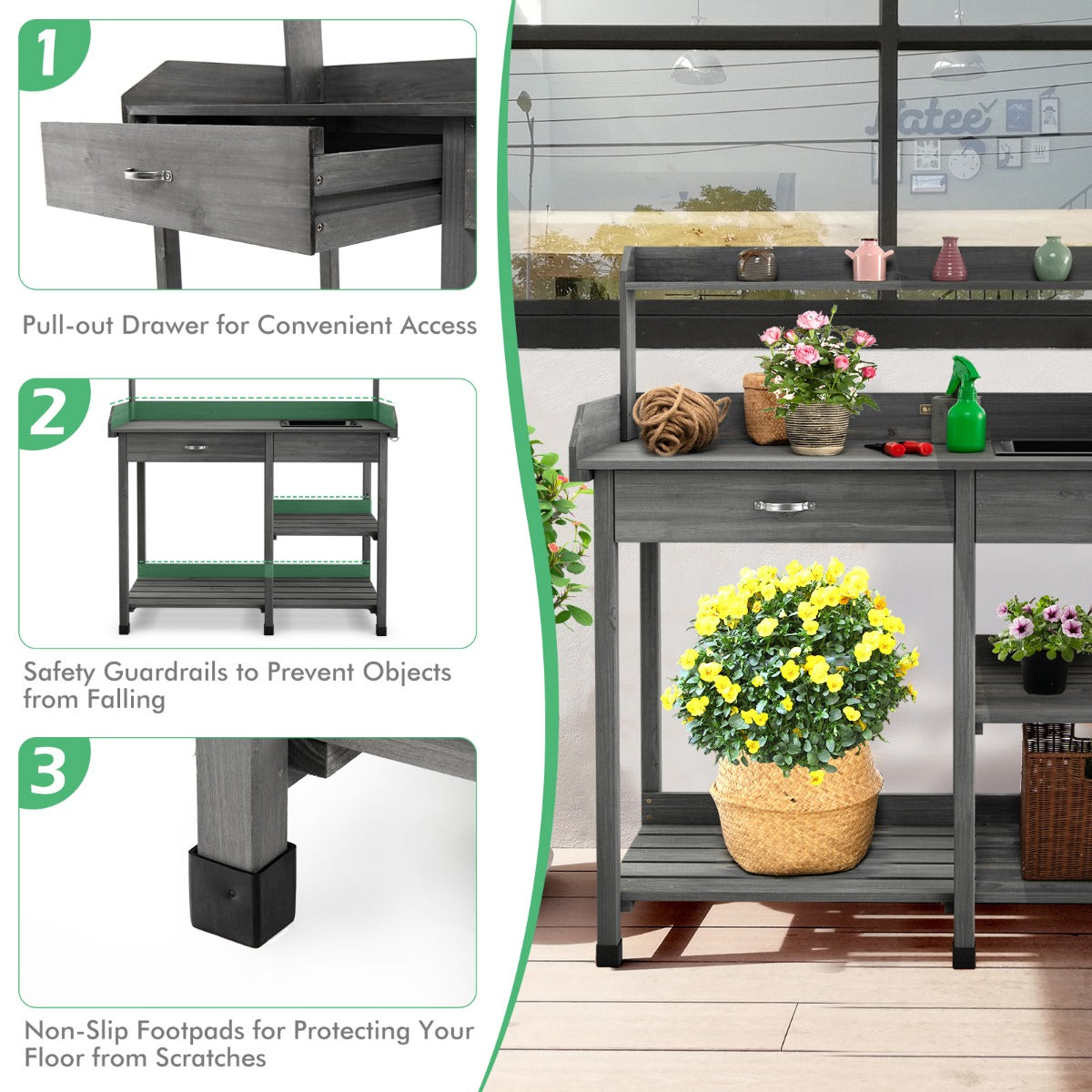 Costway Potting Table with Wood Storage Shelf for Garden-Gray