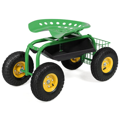 Rolling Garden Cart With Tool Tray Work Seat For Gardening-Green