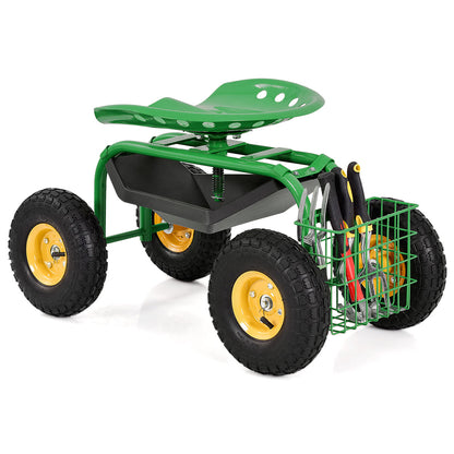 Rolling Garden Cart With Tool Tray Work Seat For Gardening-Green