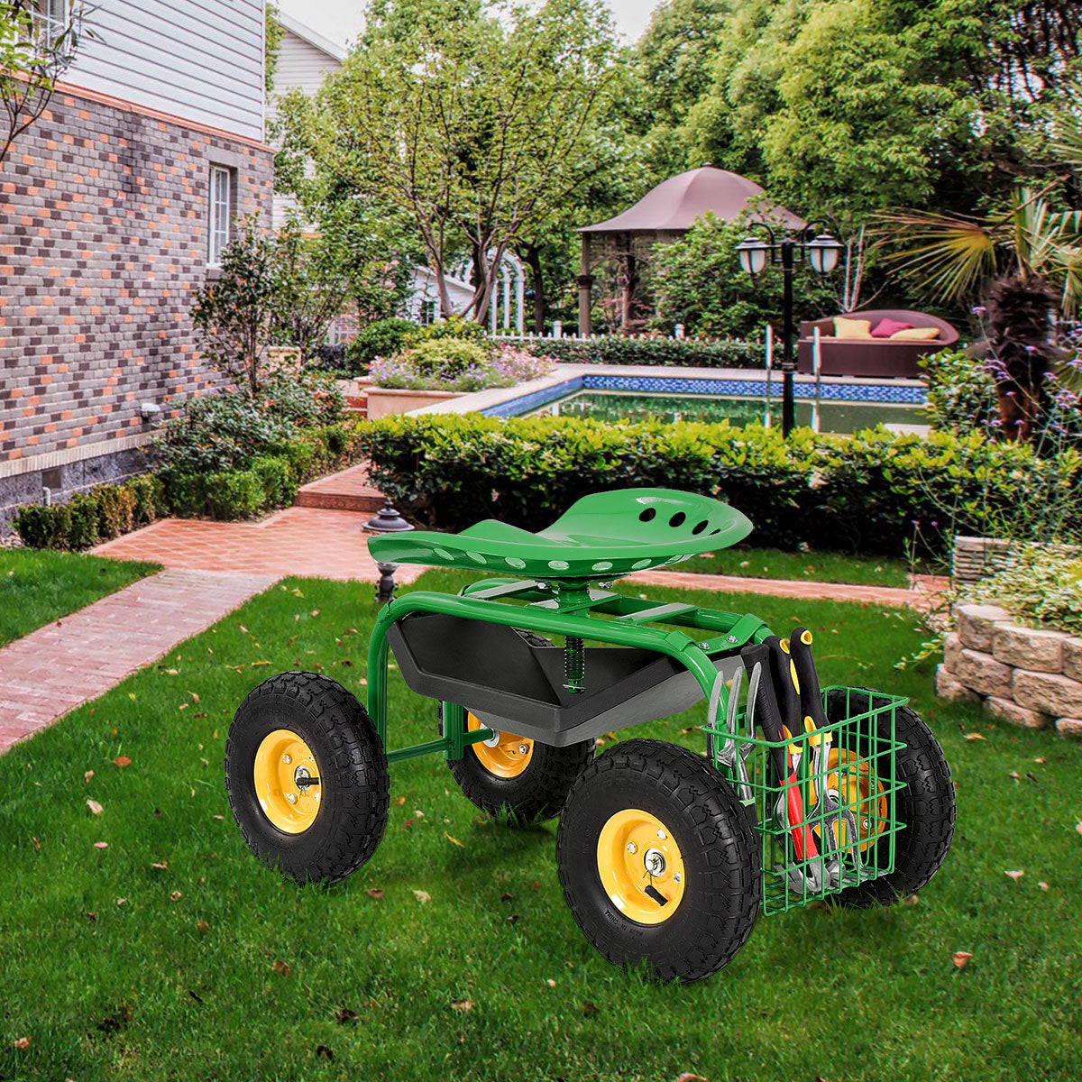 Rolling Garden Cart With Tool Tray Work Seat For Gardening-Green