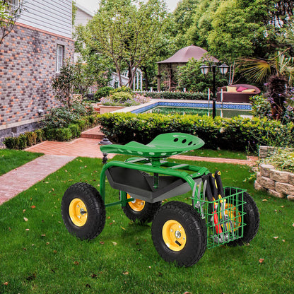 Rolling Garden Cart With Tool Tray Work Seat For Gardening-Green