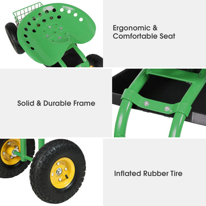 Rolling Garden Cart With Tool Tray Work Seat For Gardening-Green