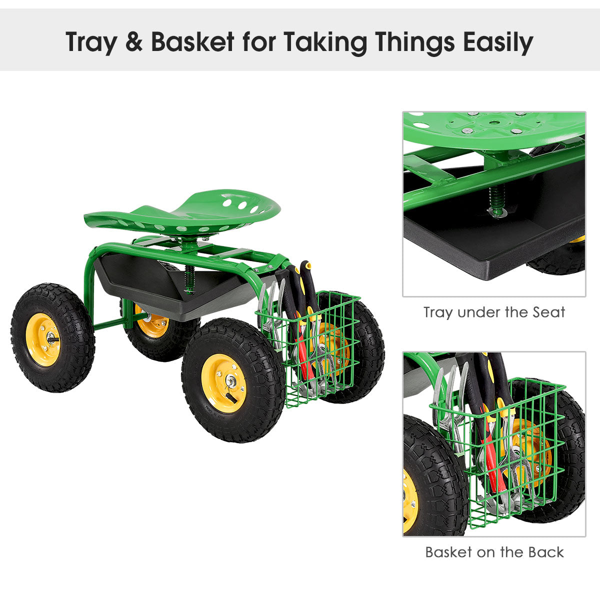 Rolling Garden Cart With Tool Tray Work Seat For Gardening-Green