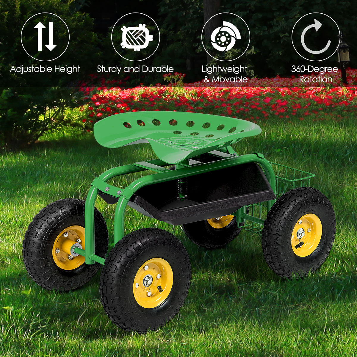 Rolling Garden Cart With Tool Tray Work Seat For Gardening-Green