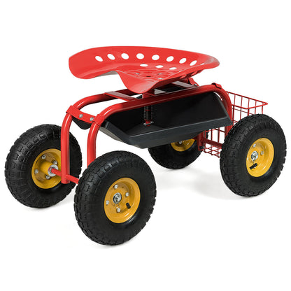 Rolling Garden Cart With Tool Tray Work Seat For Gardening-Red