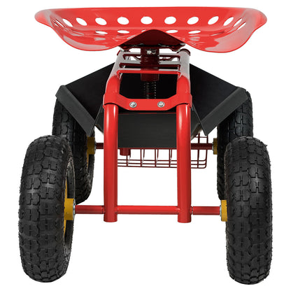 Rolling Garden Cart With Tool Tray Work Seat For Gardening-Red