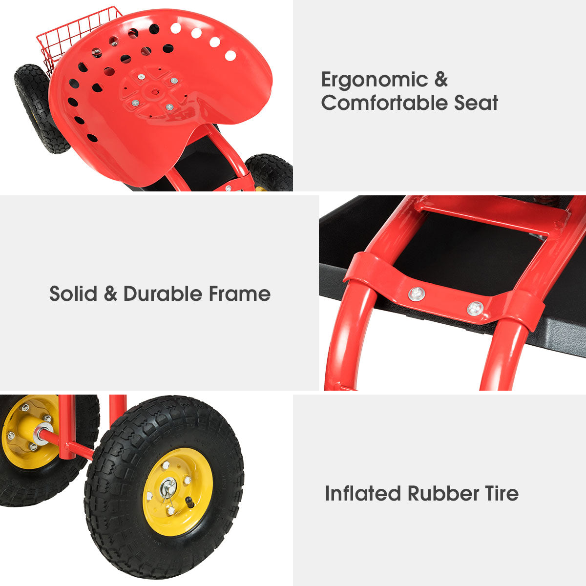 Rolling Garden Cart With Tool Tray Work Seat For Gardening-Red