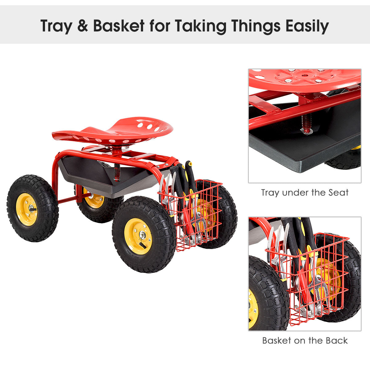 Rolling Garden Cart With Tool Tray Work Seat For Gardening-Red