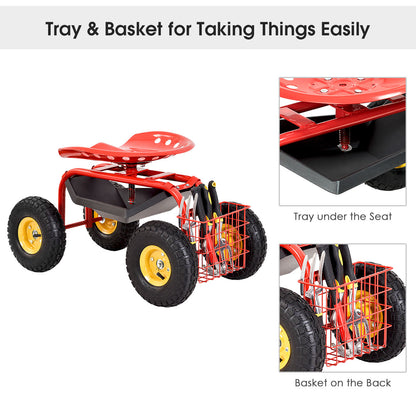 Rolling Garden Cart With Tool Tray Work Seat For Gardening-Red