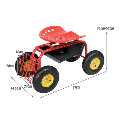 Rolling Garden Cart With Tool Tray Work Seat For Gardening-Red