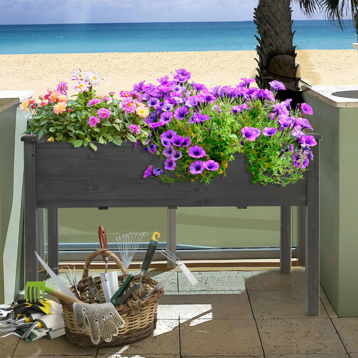 Costway Wooden Planter Box with 100% Fir Wood Frame for Patio Grey