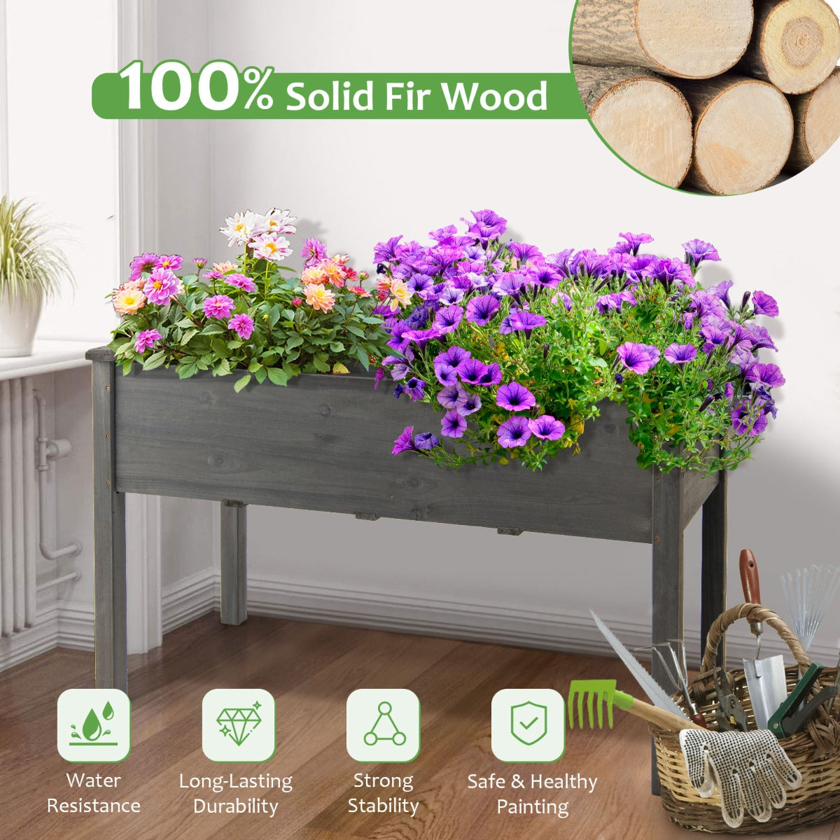 Costway Wooden Planter Box with 100% Fir Wood Frame for Patio Grey