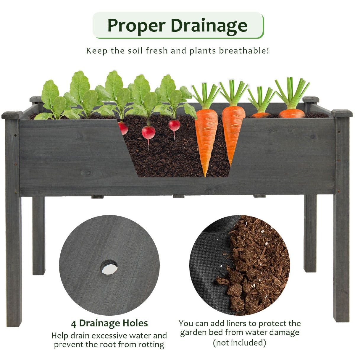 Costway Wooden Planter Box with 100% Fir Wood Frame for Patio Grey