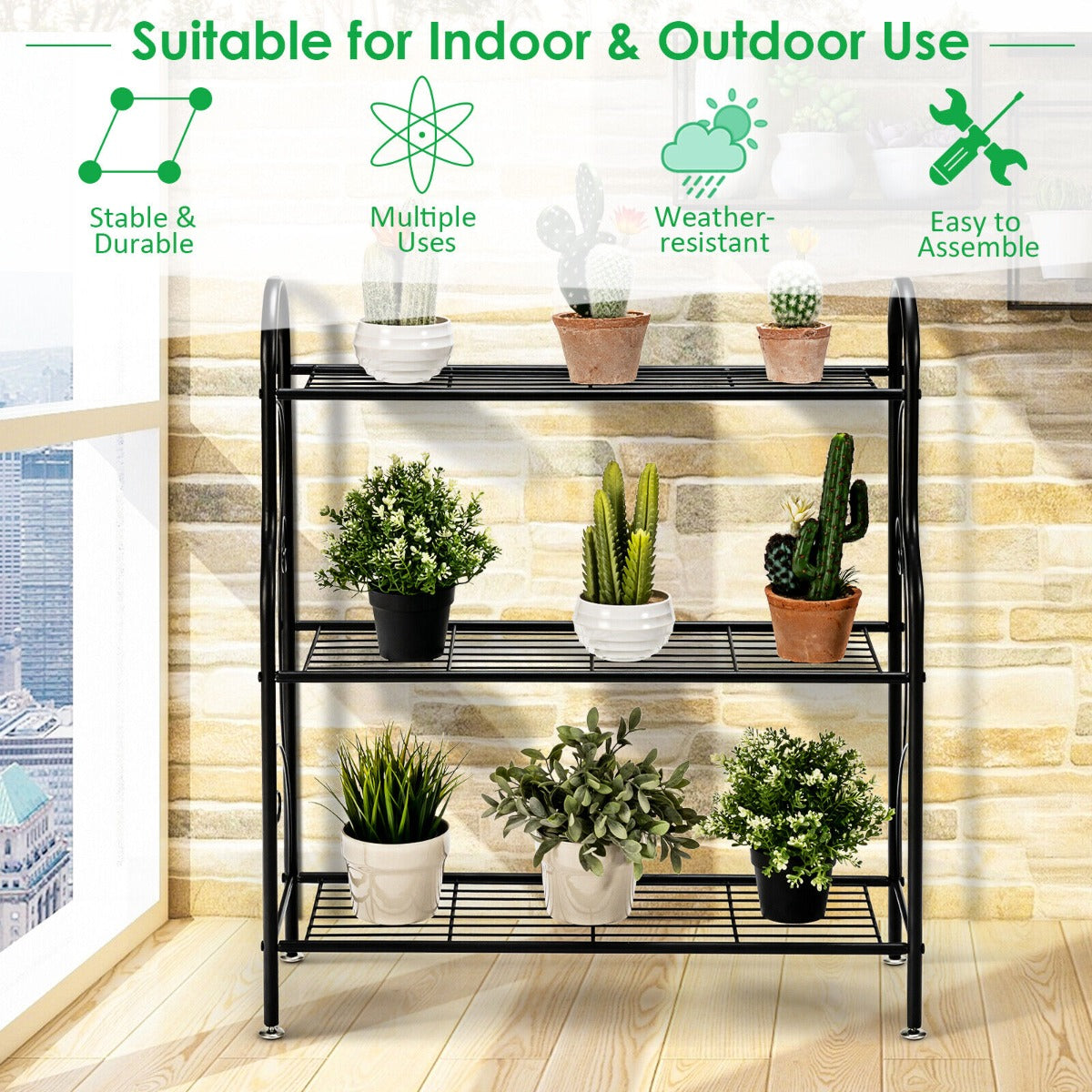 3-Tier Scrollwork Design Metal Plant Stand for Balcony Garden Yard