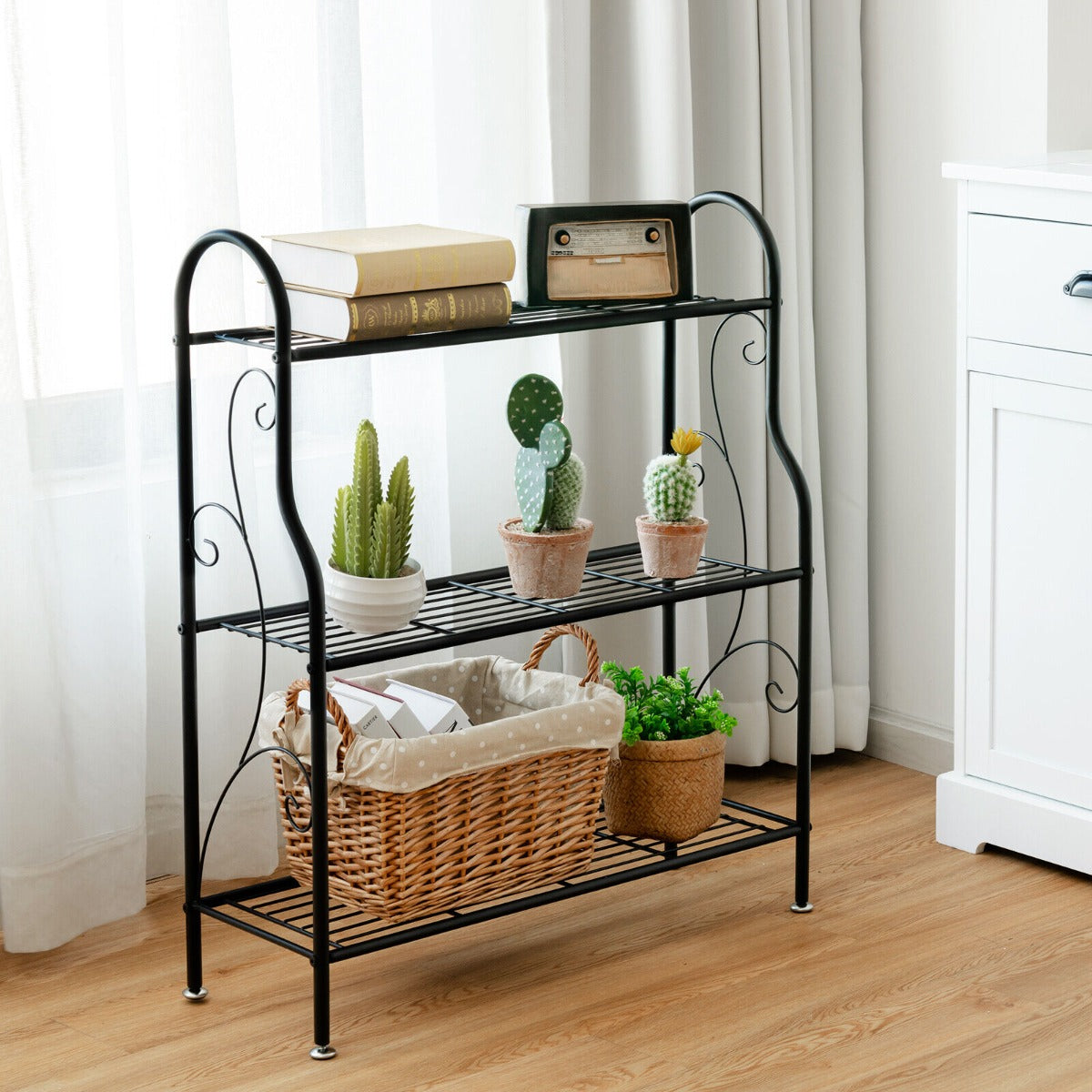 3-Tier Scrollwork Design Metal Plant Stand for Balcony Garden Yard