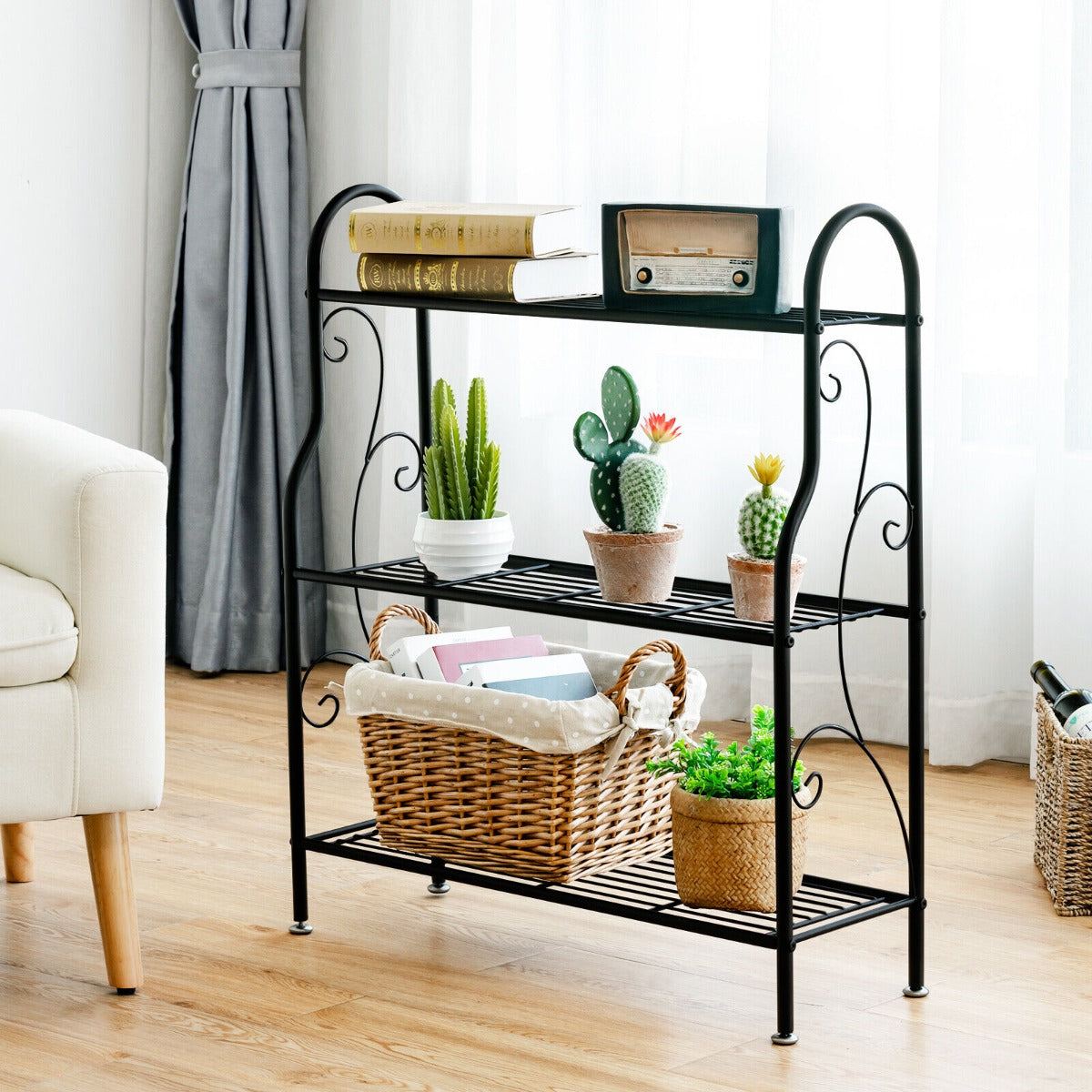 3-Tier Scrollwork Design Metal Plant Stand for Balcony Garden Yard