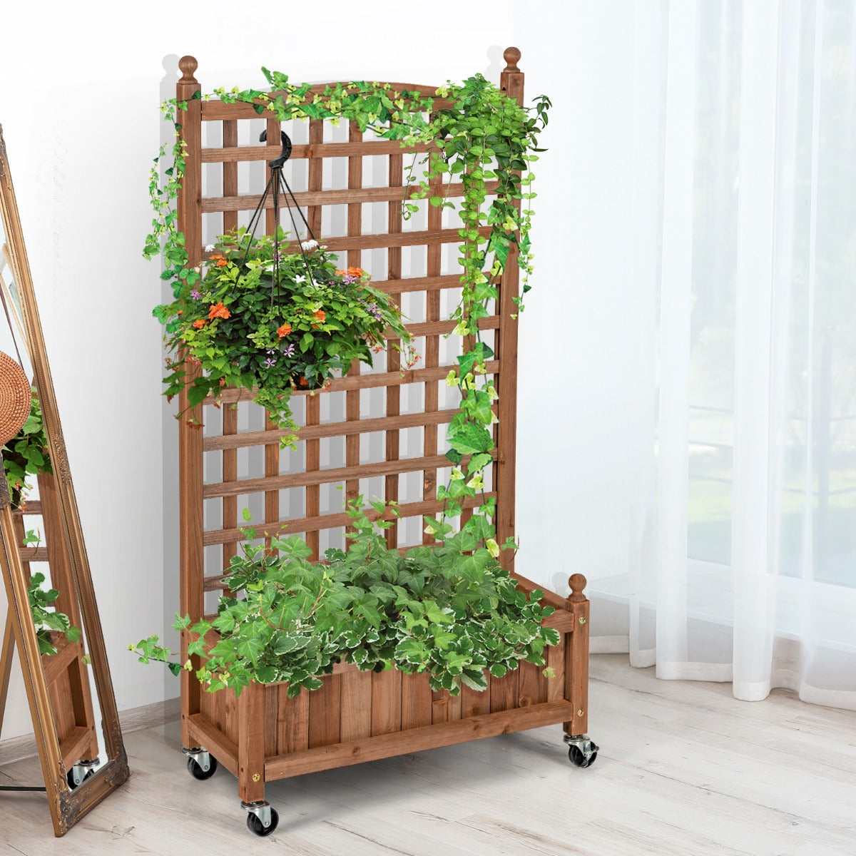 127 cm Solid Wood Planter Bed with High Trellis