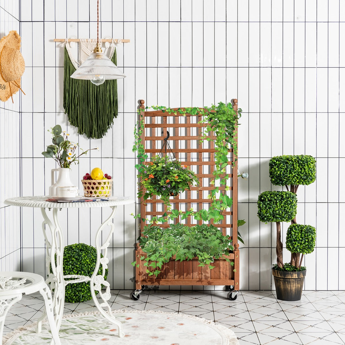 127 cm Solid Wood Planter Bed with High Trellis