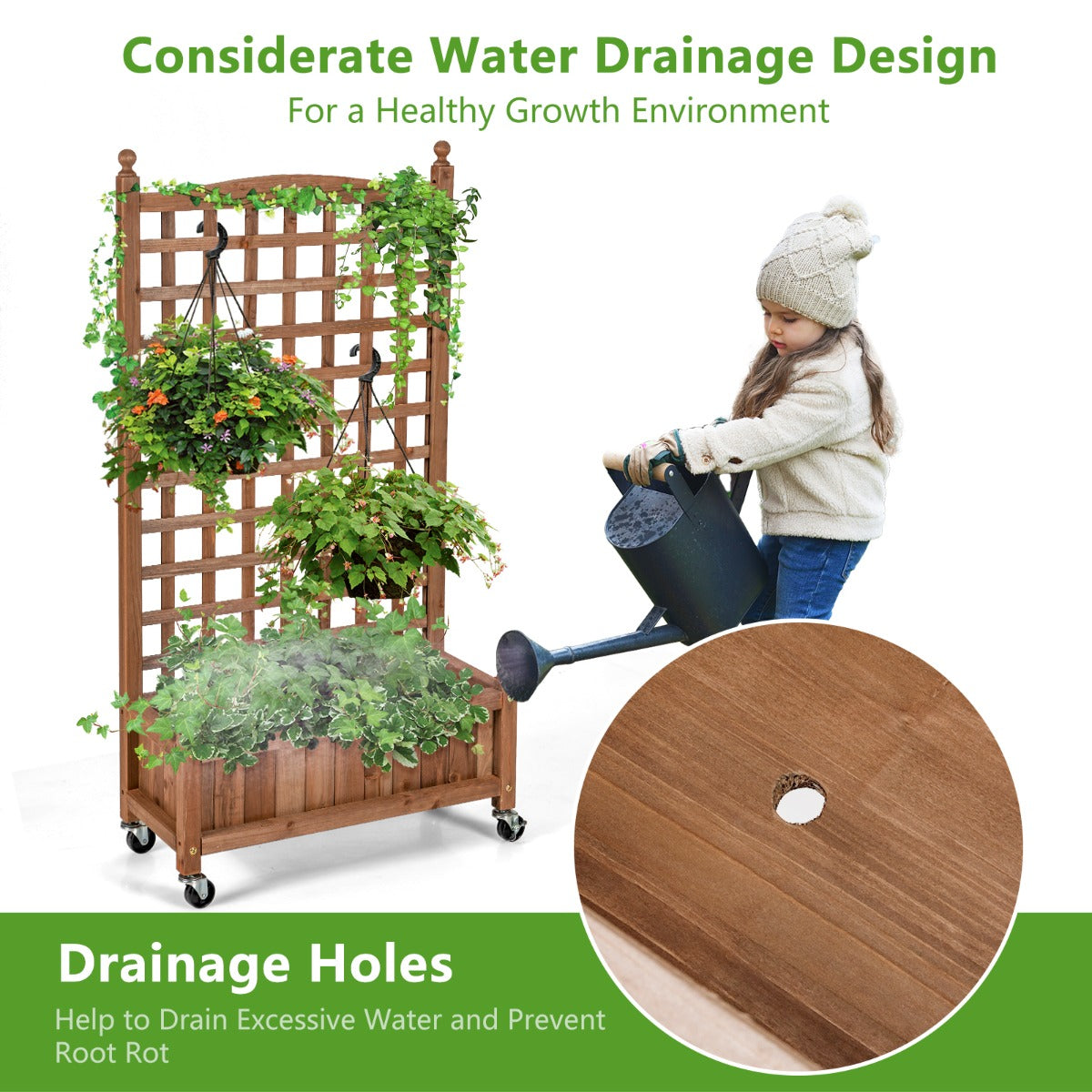 127 cm Solid Wood Planter Bed with High Trellis