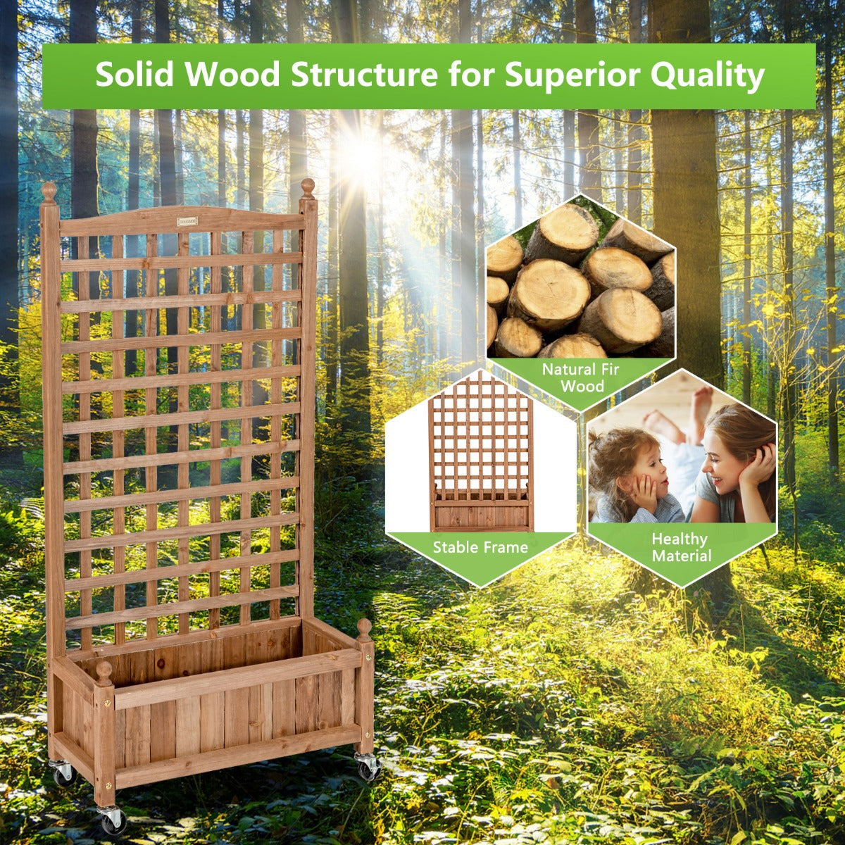 127 cm Solid Wood Planter Bed with High Trellis
