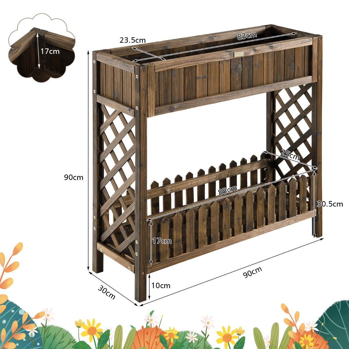 Elevated fir wood garden bed with deep planting box and lower shelf for convenient home gardening
