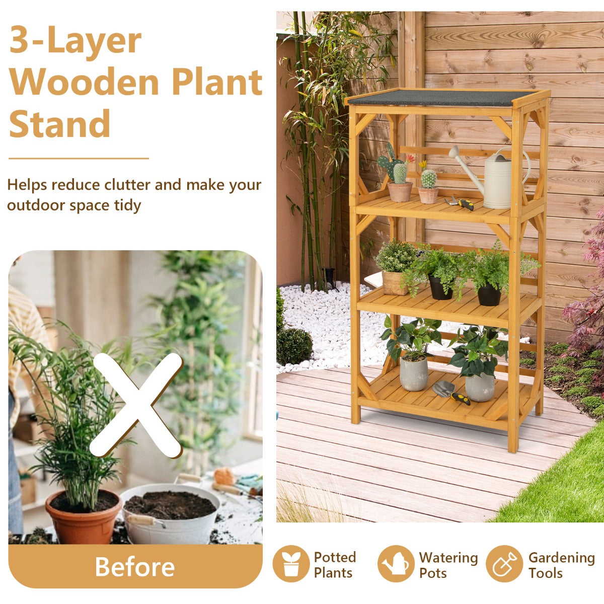 Wooden Storage Rack Load 90 kg with Weatherproof Asphalt Roof for Garden