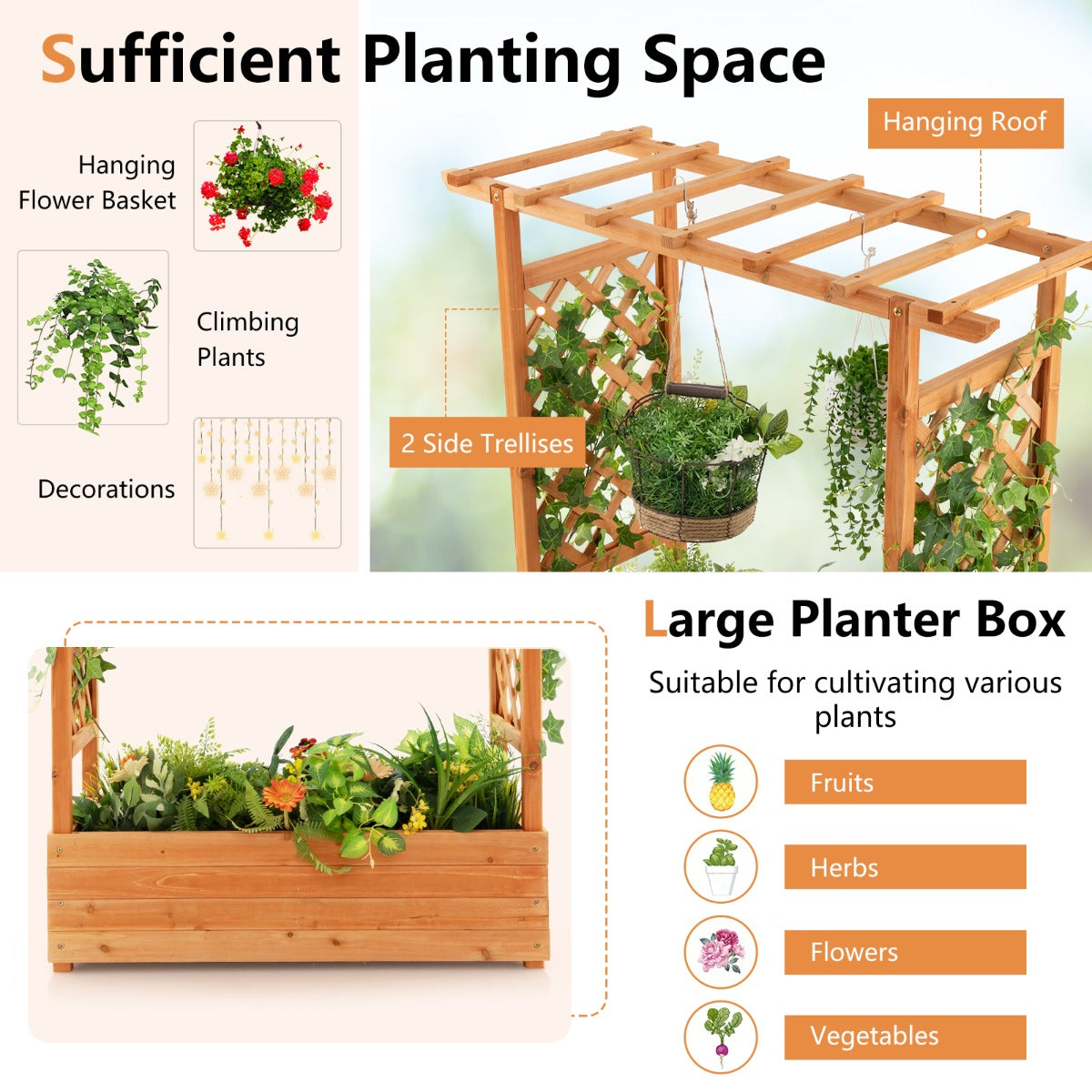 Raised Garden Bed with Top & Side Trellis for Garden