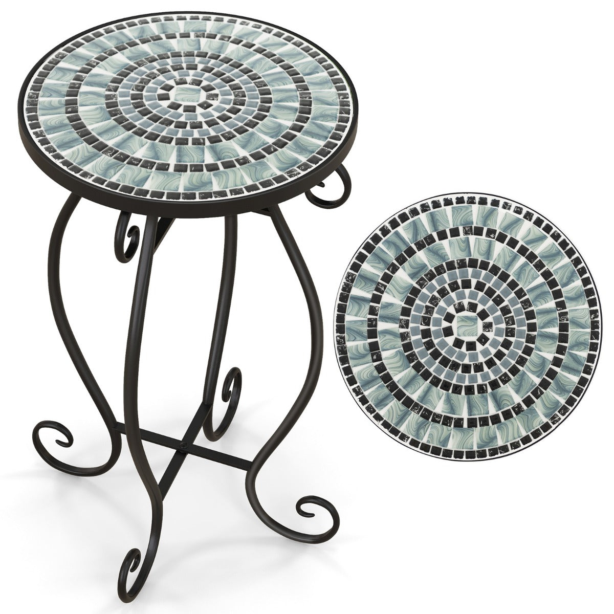 Mosaic Outdoor Side Table with Weather Resistant Ceramic Tile Tabletop-Green
